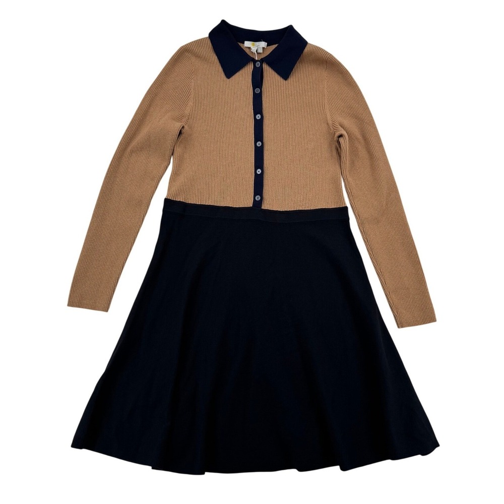 Boden Knitted Mini Dress Womens 12R Camel Navy New Rib Detail Polo D0443